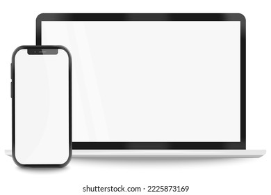 Vektorrealistisches Layout eines modernen Laptops und Smartphones. Ein Ort für Ihren Text. Das Konzept der Elektronik und Technologie.
