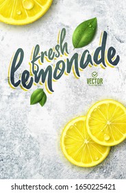 Vector realistic lemon illustration and leaves on white stone background