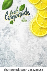 Vector realistic lemon illustration and leaves on white stone background