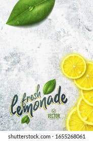 Vector realistic lemon illustration and leaves on white stone background