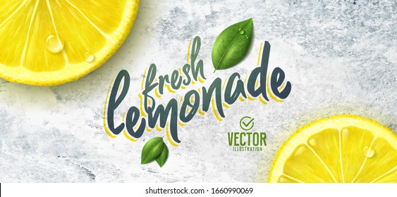 Vector realistic lemon illustration and leaves on white stone background