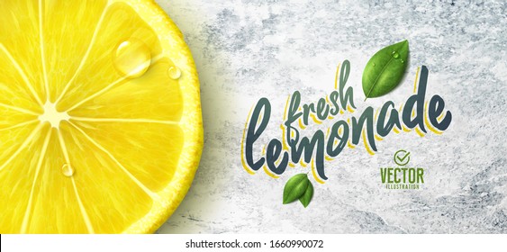 Vector realistic lemon illustration and leaves on white stone background