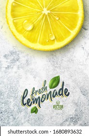 Vector realistic lemon illustration and leaves on white stone background