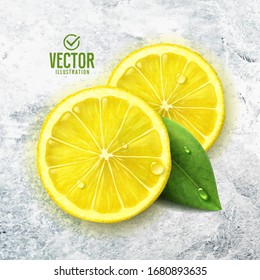 Vector realistic lemon illustration and leaves on white stone background