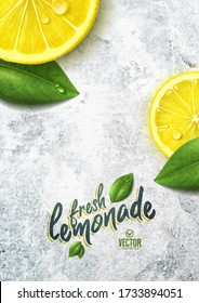 Vector realistic lemon illustration and leaves on white stone background