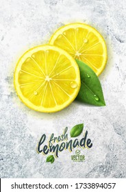 Vector realistic lemon illustration and leaves on white stone background