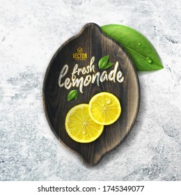 Vector realistic lemon illustration and leaves on white stone background