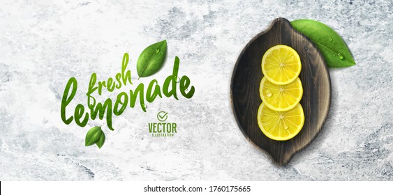 Vector realistic lemon illustration and leaves on white stone background
