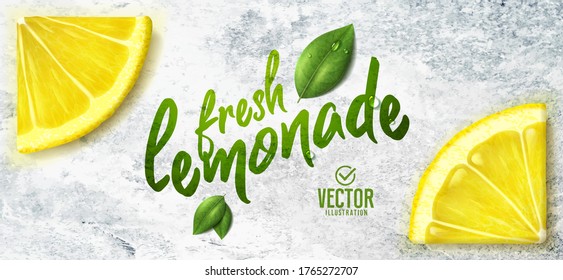 Vector realistic lemon illustration and leaves on white stone background