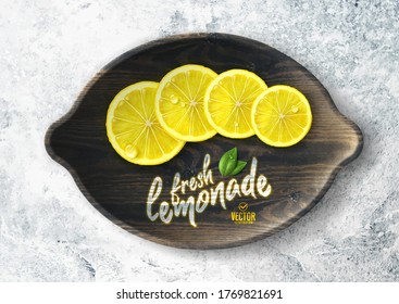 Vector realistic lemon illustration and leaves on white stone background
