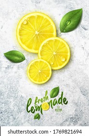 Vector realistic lemon illustration and leaves on white stone background