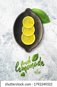 Vector realistic lemon illustration and leaves on white stone background	