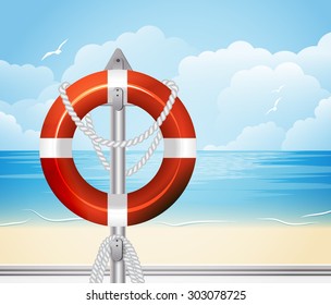 Vector realistic lifebuoy on a beach background