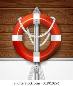 Vector realistic lifebuoy on old boards of ship deck wooden background