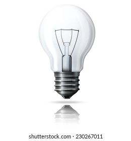 Vector realistic light bulb isolated on white background with reflection.