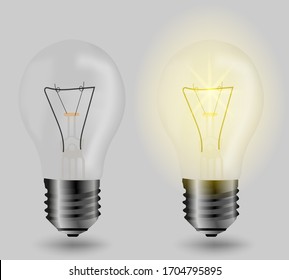 
vector realistic light bulbs on a gray background, lamp on and lamp off