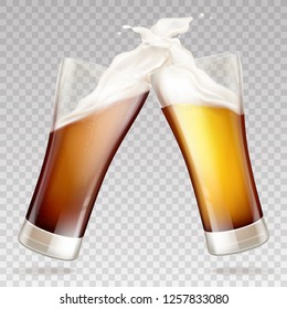 Vector realistic light and dark beer in transparent mugs. Clink glasses with white foam on golden alcohol drink. Mockup for ad poster, promo banner. Pint of ale or other frothy liquid, brewery.