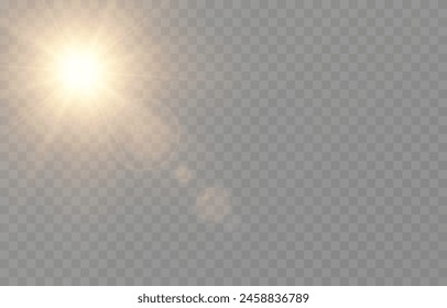 Vector realistic light on isolated transparent background. Light with glare png. Dawn, sunset, sun png. Flash of light, light effect.