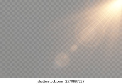 Vector realistic light png. Sun with rays and glare png. Sunlight or dawn on transparent background. Golden light.