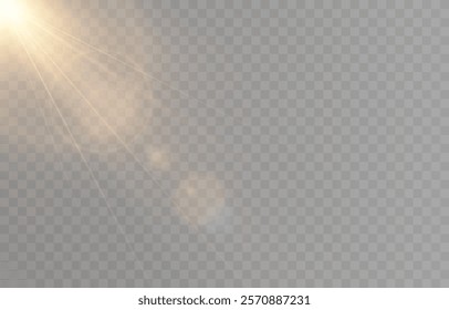 Vector realistic light png. Sun with rays and glare png. Sunlight or dawn on transparent background. Golden light.