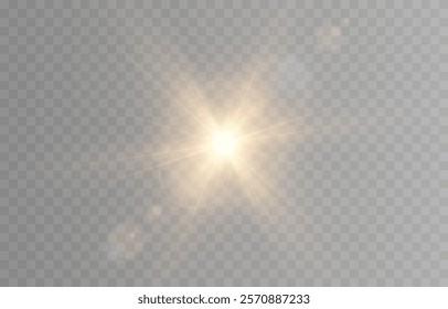 Vector realistic light png. Sun with rays and glare png. Sunlight or dawn on transparent background. Golden light.