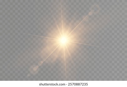 Vector realistic light png. Sun with rays and glare png. Sunlight or dawn on transparent background. Golden light.