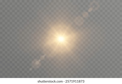 Vector realistic light png. Sun with rays and glare png. Sunlight or dawn on transparent background. Golden light.