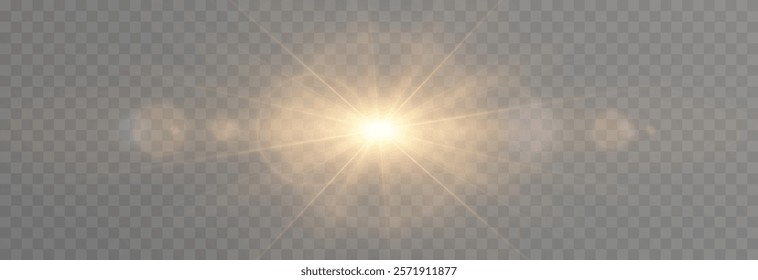 Vector realistic light png. Sun with rays and glare png. Sunlight or dawn on transparent background. Golden light.