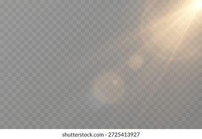 Vector realistic light PNG. Sun with rays and glare PNG. Sunlight or dawn on transparent background. Golden light.