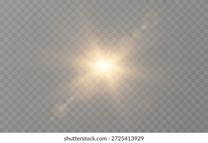 PNG de luz realista vetorial. Sol com raios e brilho PNG. Luz solar ou amanhecer em fundo transparente. Luz dourada.