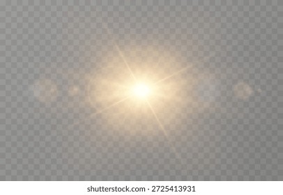 PNG de luz realista vetorial. Sol com raios e brilho PNG. Luz solar ou amanhecer em fundo transparente. Luz dourada.