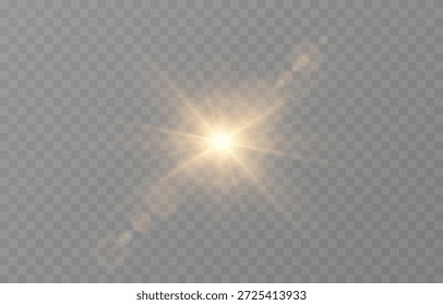 PNG de luz realista vetorial. Sol com raios e brilho PNG. Luz solar ou amanhecer em fundo transparente. Luz dourada.