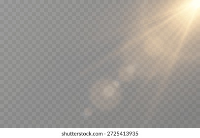 PNG de luz realista vetorial. Sol com raios e brilho PNG. Luz solar ou amanhecer em fundo transparente. Luz dourada.
