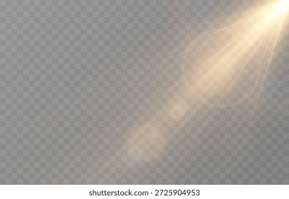 PNG de luz realista vetorial. Sol com raios e brilho PNG. Luz solar ou amanhecer em fundo transparente. Luz dourada.