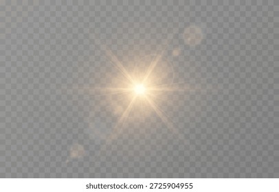 PNG de luz realista vetorial. Sol com raios e brilho PNG. Luz solar ou amanhecer em fundo transparente. Luz dourada.