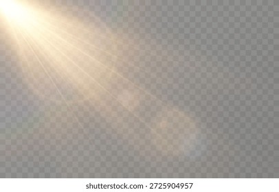 PNG de luz realista vetorial. Sol com raios e brilho PNG. Luz solar ou amanhecer em fundo transparente. Luz dourada.