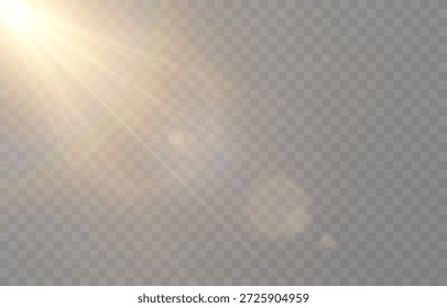 PNG de luz realista vetorial. Sol com raios e brilho PNG. Luz solar ou amanhecer em fundo transparente. Luz dourada.