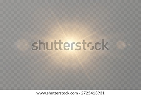 Vector realistic light PNG. Sun with rays and glare PNG. Sunlight or dawn on transparent background. Golden light.