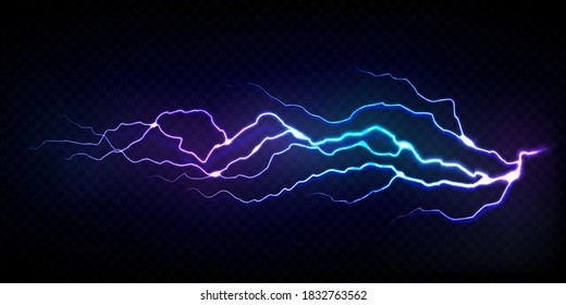 Vector realistic lightning bolt isolated on transparent black background.