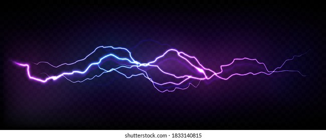 Vector realistic lightning bolt isolated on transparent black background.