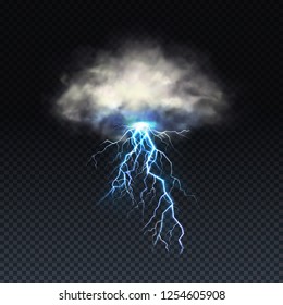 Vector realistic lightning with grey cloud isolated on transparent background. Natural light effect from the sky, bright glowing. Magic blue thunderstorm, design element. Electric charge, stormy spark