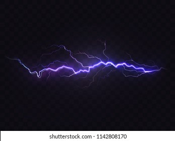 Vector realistic lightning isolated on black background. Natural light effect, bright glowing. Magic purple thunderstorm, design element