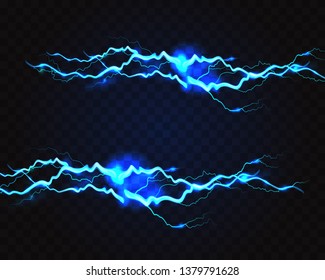 Vector realistic lightning on a transparent background. Natural element, phenomenon. Bright light effect.