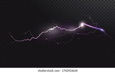 Vector realistic lightning. Thunderstorm and lightning. Magic electricity lighting effects. Realistic design element. Bright glowing