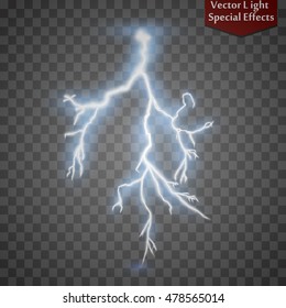 Vector realistic lightnings thunderbolt on transparent background.