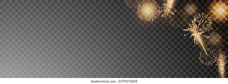 Vector realistic lights, flares. Magic fireworks in the night sky, Christmas background for holiday design, poster, postcard on a transparent background, png. Holiday lights.