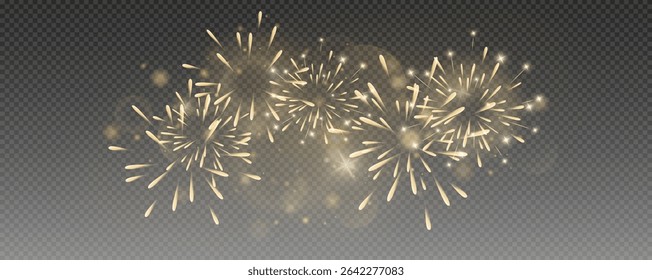 Vector realistic lights, flares. Magic fireworks in the night sky, Christmas background for holiday design, poster, postcard on a transparent background, png. Holiday lights.