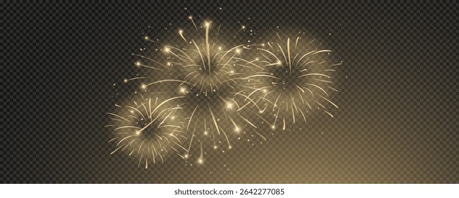 Vector realistic lights, flares. Magic fireworks in the night sky, Christmas background for holiday design, poster, postcard on a transparent background, png. Holiday lights.