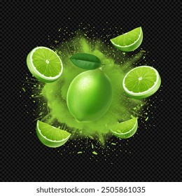 Vector realistic lime fruit with flying pieces, half and whole citrus in a green citrus explosion or cloud isolated on dark transparent background. Vector concept of lime element design, icon, banner