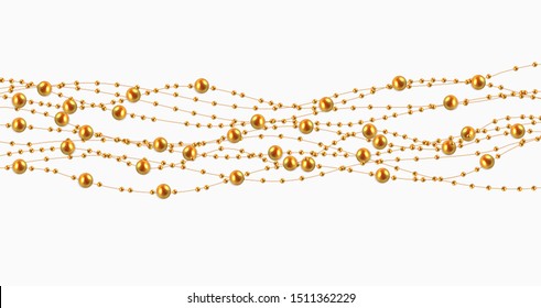 Vector realista Línea de cuentas doradas hilo de guirnaldas aislado. diseño para Celebratory Design, tarjeta de felicitación Navidad.Decoraciones navideñas. El diseño decorativo de la perla dorada.